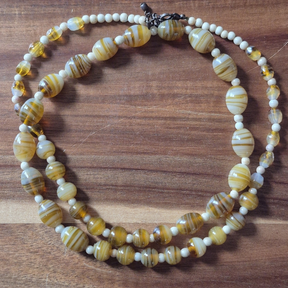 Vintage Swirl Yellow Honey Glass Bead Necklace